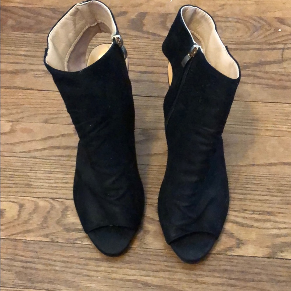 Open toe black faux suede booties